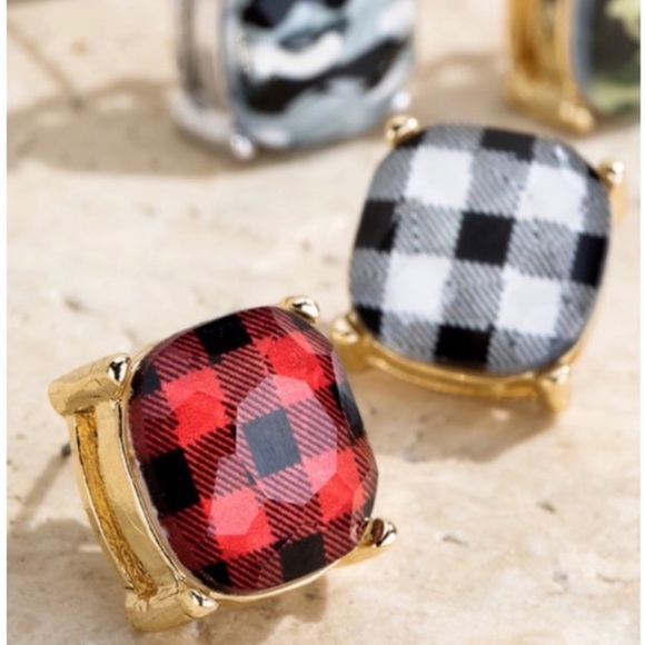 White & Black Buffalo Plaid Print Earrings - Picture 3 of 4
